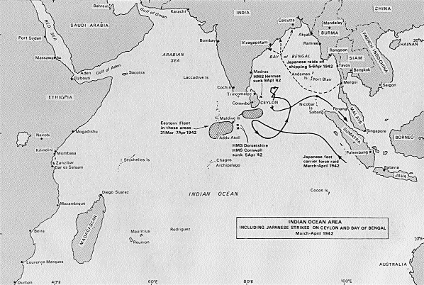 Operaciones en el océano Índico. Se muestra el desplazamiento de la fuerza de portaaviones japonesa y las áreas de las operaciones de la Flota Oriental británica