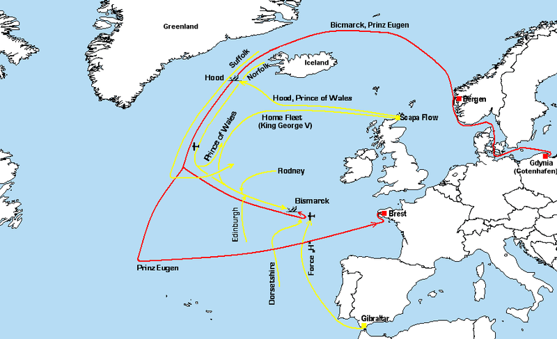 Mapa de los recorridos realizados por los implicados dentro del área de la batalla del Estrecho de Dinamarca