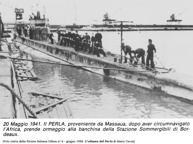 20 de mayo de 1941. El RMI Perla, procedente de Massawa, después de circunnavegar África, toma el amarre en el muelle de la estación submarina de Burdeos