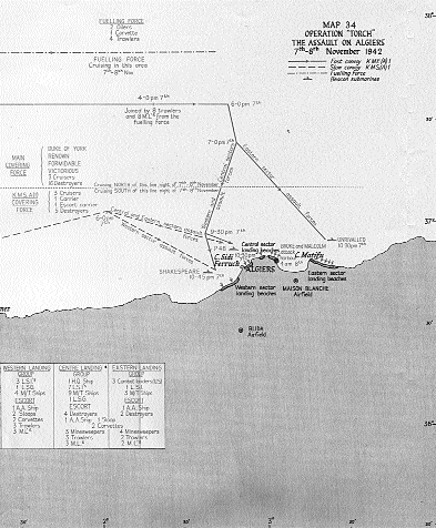 Los desembarcos en Argel con indicación de las derrotas de los convoyes, la fuerza de reabastecimiento de combustible y la ubicación de los submarinos baliza