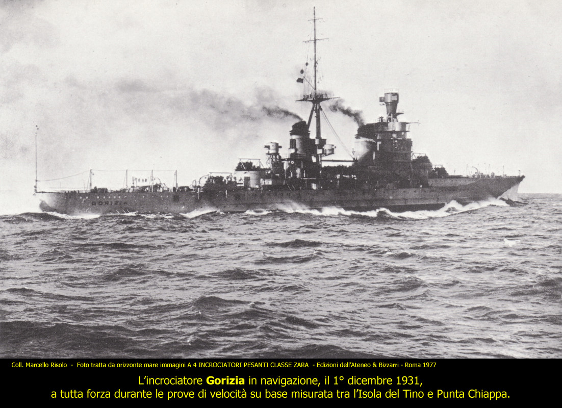 Crucero pesado Gorizia el 1 de diciembre de 1931, a toda máquina durante las pruebas de velocidad entre Isika del Tino y Punta Chiappa