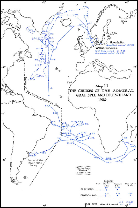Mapa de los cruceros del Almirante Graf Spee y Deutschland, 1939
