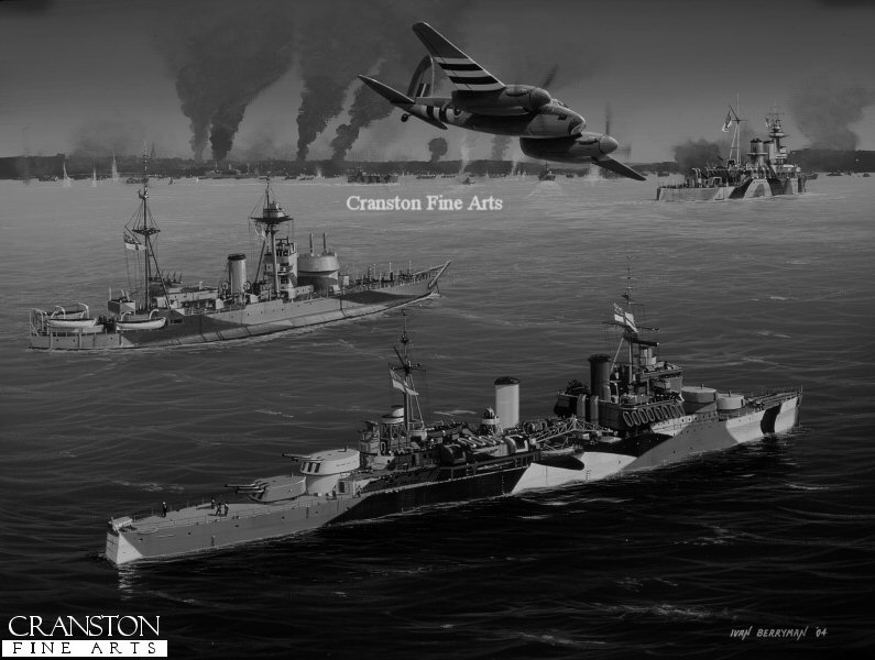 El HMS Roberts junto al HMS Frobisher y el HMS Mauritius bombardeando Melville