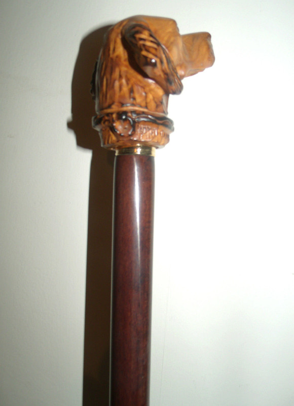 Labrador Handle Walking Stick Olive Carving Top Wood Dog Head Rare Description