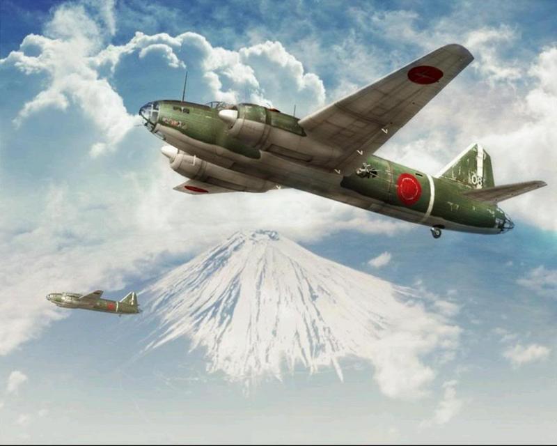 Un Mitsubishi G4M sobrevolando el Monte Fuji