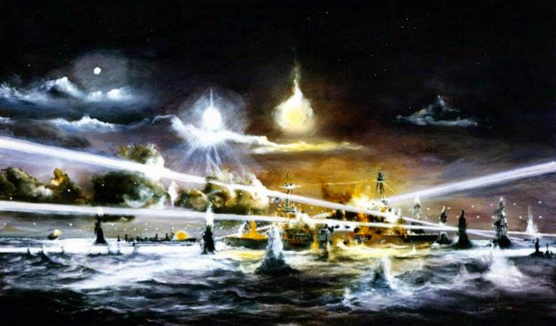 El IJN Mikuma y el IJN Mogami, junto con su escolta de destructores, son atacados por varios bombarderos Douglas SBD Dauntless de los portaaviones USS Enterprise y USS Hornet. Batalla de Midway