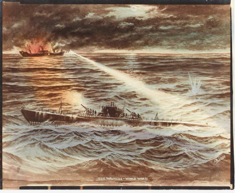 Óleo del artista IL Lloyd que representa el Nautilus SS-168 hundiendo a un buque mercante japonés a corta distancia