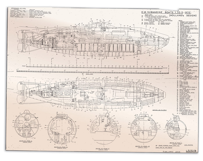 Plano de diseño del submarino Holland V