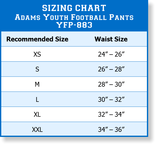 Riddell Youth Football Pants Size Chart