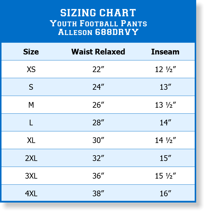 Alleson Pants Size Chart