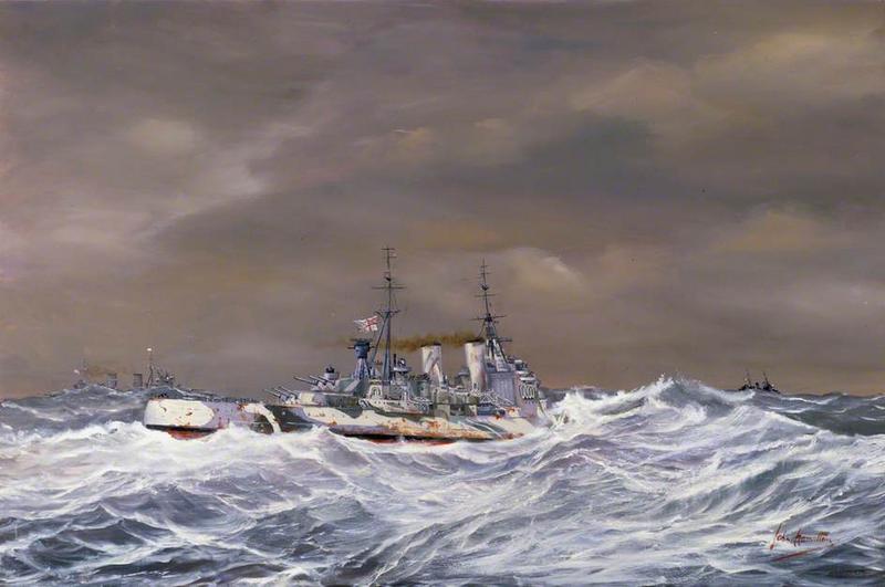 El HMS Sheffield, junto al HMS Jamaica y el HMS Duke of York, durante la Batalla de Cabo Norte
