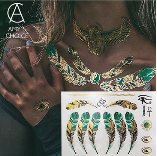 Gold, Green and Black Metallic Feathers (16 Tattoos) – Tattoo for a week