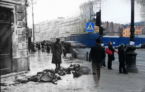 Montaje fotográfico que muestran cómo es y cómo era una Leningrado durante el conflicto bélico