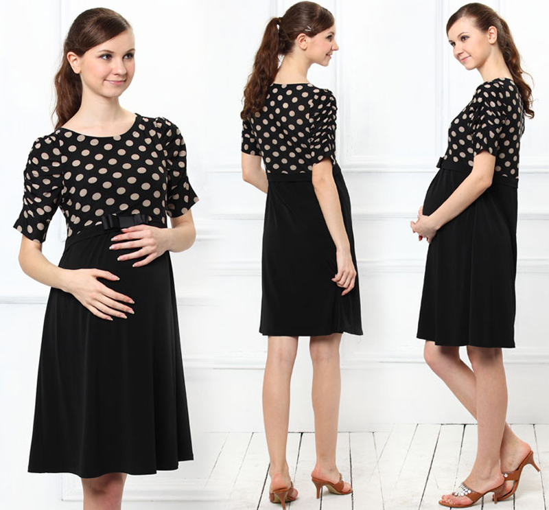 Sweet Mommy Polka Dots Bow Waist Maternity and Nursing Dress LL Navy Short Sleeve