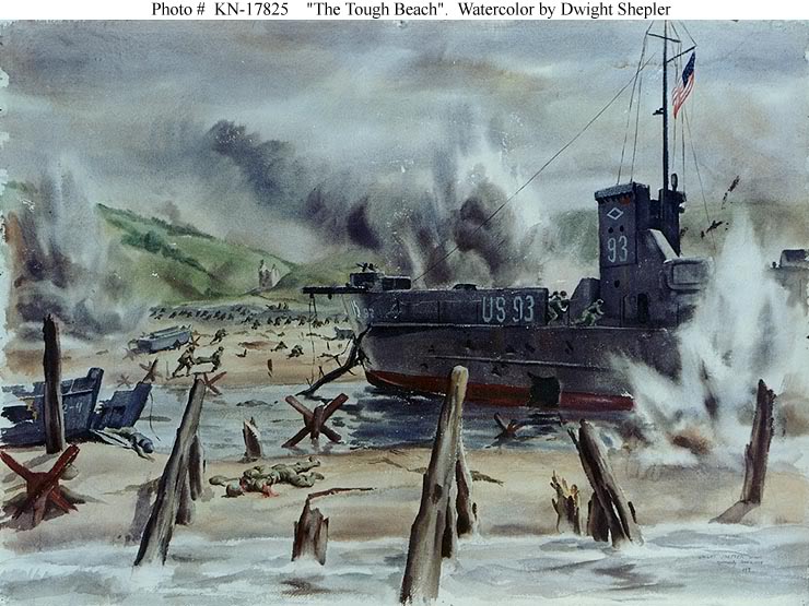 Acuarela de combate de la Marina del artista Dwight Shepler de 1944, mostrando a la artillería alemana golpear a las fuerzas de EE.UU. en Omaha Beach, el Día D de la invasión de Normandía, el 6 de junio de 1944. En el primer plano es USS LCI L-93, encallado
