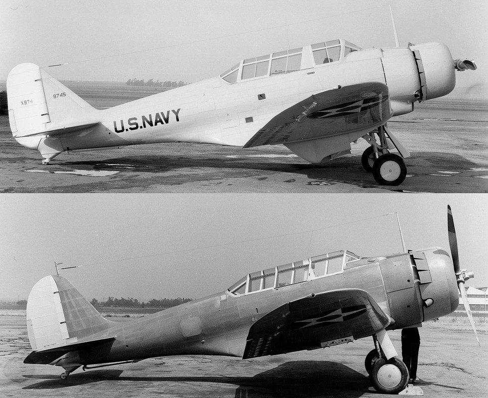 Comparación del Northrop XBT-1 y del XBT-2. La foto superior muestra el XBT-1 BuNo 9745 el 4 de diciembre de 1936, el prototipo XBT-2 BuNo 0627 fue el 23 de julio de 1938. Este sería el prototipo del posterior Douglas SBD Dauntless, aunque el dosel y la cola diferiría del XBT-2