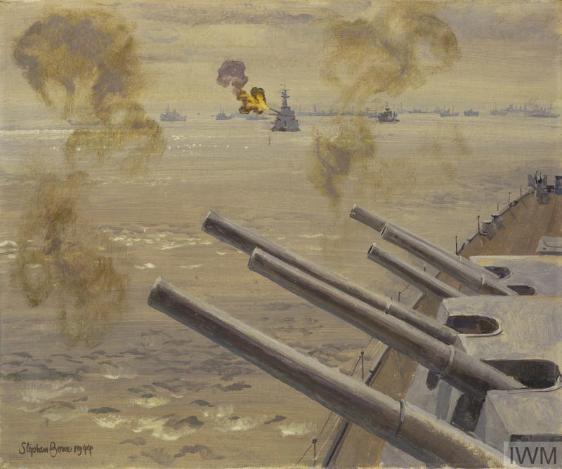 HMS Mauricio y HMS Roberts bombardean objetivos cerca de Caen. 18 de julio de 1944